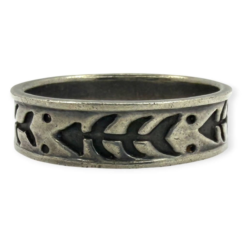 Vintage Band Ring 925 Sterling Silver Size 12 Gray Fish Bone Pattern